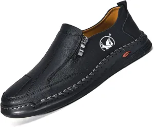 Men's Casual Slip On Leather Loafers Lightweight Hand-Sewn Moccasin Driving Shoes Comfortable Walking Side Zipper Non-Slip Dress Shoes