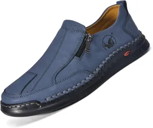 Men's Casual Slip On Leather Loafers Lightweight Hand-Sewn Moccasin Driving Shoes Comfortable Walking Side Zipper Non-Slip Dress Shoes