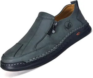 Men's Casual Slip On Leather Loafers Lightweight Hand-Sewn Moccasin Driving Shoes Comfortable Walking Side Zipper Non-Slip Dress Shoes