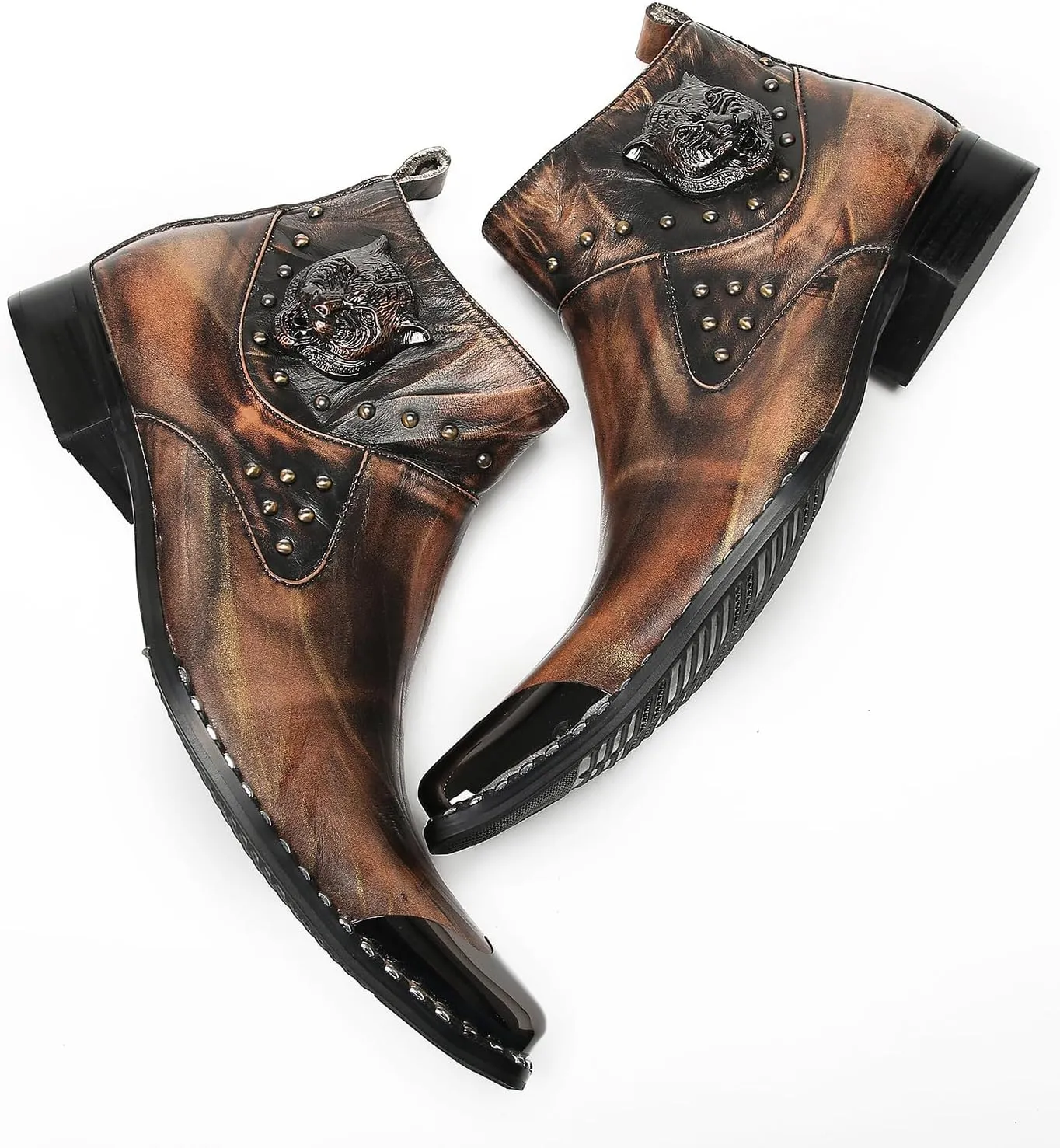 Mens Chelsea Boots Casual Dress Party Ankle Western Boots Genuine Leather Matel Sqaure Toe Wedding Prom Zipper Beads Cowboy Chukka Boots