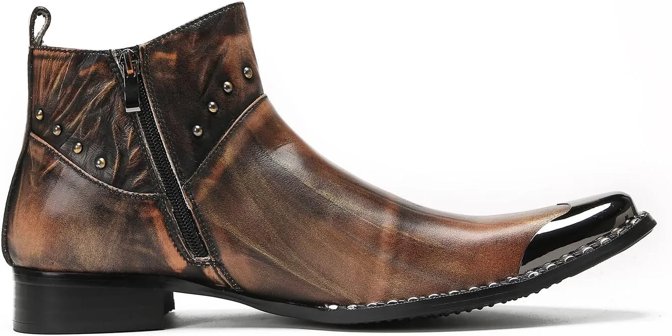 Mens Chelsea Boots Casual Dress Party Ankle Western Boots Genuine Leather Matel Sqaure Toe Wedding Prom Zipper Beads Cowboy Chukka Boots