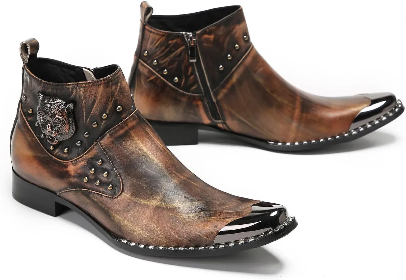 Mens Chelsea Boots Casual Dress Party Ankle Western Boots Genuine Leather Matel Sqaure Toe Wedding Prom Zipper Beads Cowboy Chukka Boots
