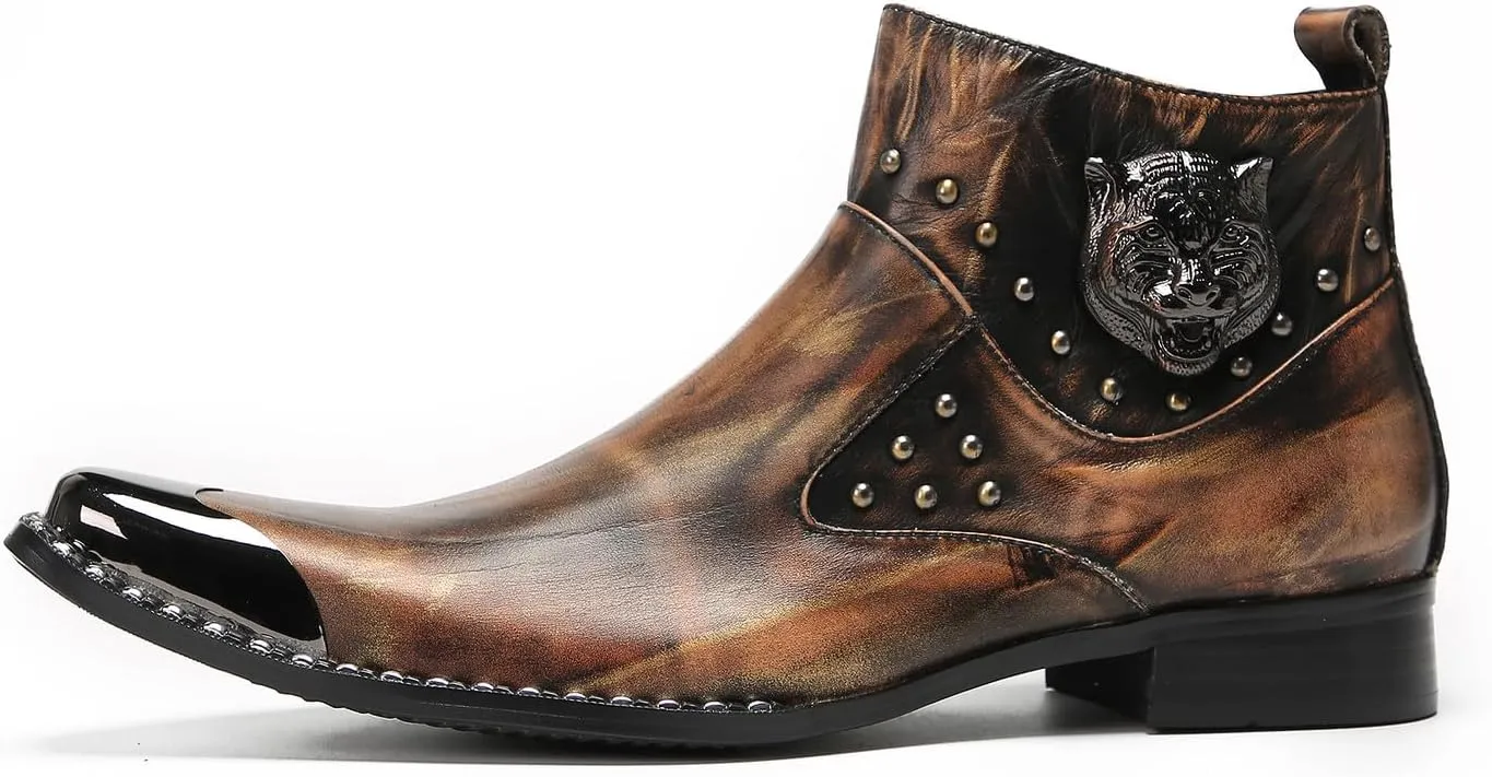Mens Chelsea Boots Casual Dress Party Ankle Western Boots Genuine Leather Matel Sqaure Toe Wedding Prom Zipper Beads Cowboy Chukka Boots