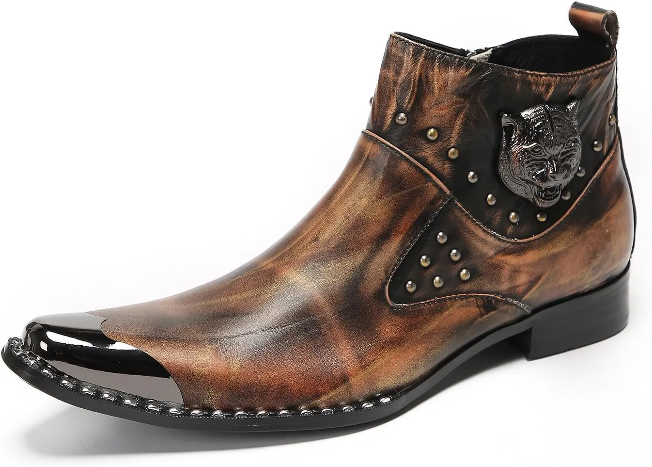 Mens Chelsea Boots Casual Dress Party Ankle Western Boots Genuine Leather Matel Sqaure Toe Wedding Prom Zipper Beads Cowboy Chukka Boots