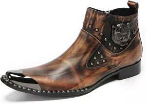 Mens Chelsea Boots Casual Dress Party Ankle Western Boots Genuine Leather Matel Sqaure Toe Wedding Prom Zipper Beads Cowboy Chukka Boots