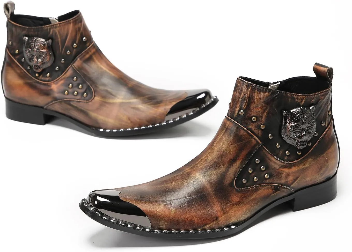 Mens Chelsea Boots Casual Dress Party Ankle Western Boots Genuine Leather Matel Sqaure Toe Wedding Prom Zipper Beads Cowboy Chukka Boots