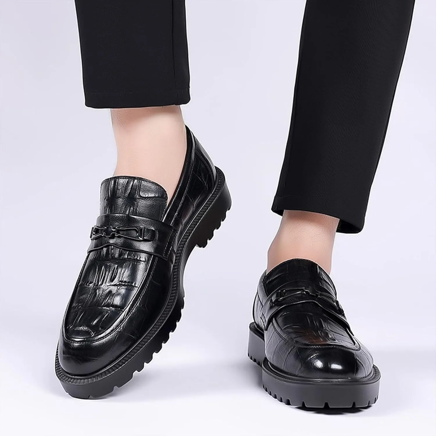 Men's Classic Leather Print Chunky Low Heel Loafers Retro Round Toe Comfortable Lightweight Lug Sole Platform Anti-Slip Low-Top Slip-Ons Business Dress Shoes for Office Party Walking Formal