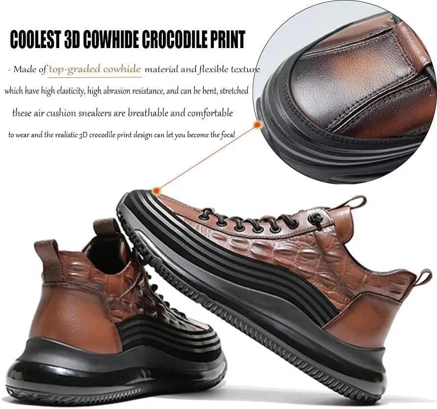 Men's Cowhide Animal Print Sneakers Air Cushion Elastic High-Top Soft Leather Height Lifting Non-Slip Lace Up Casual Shoes