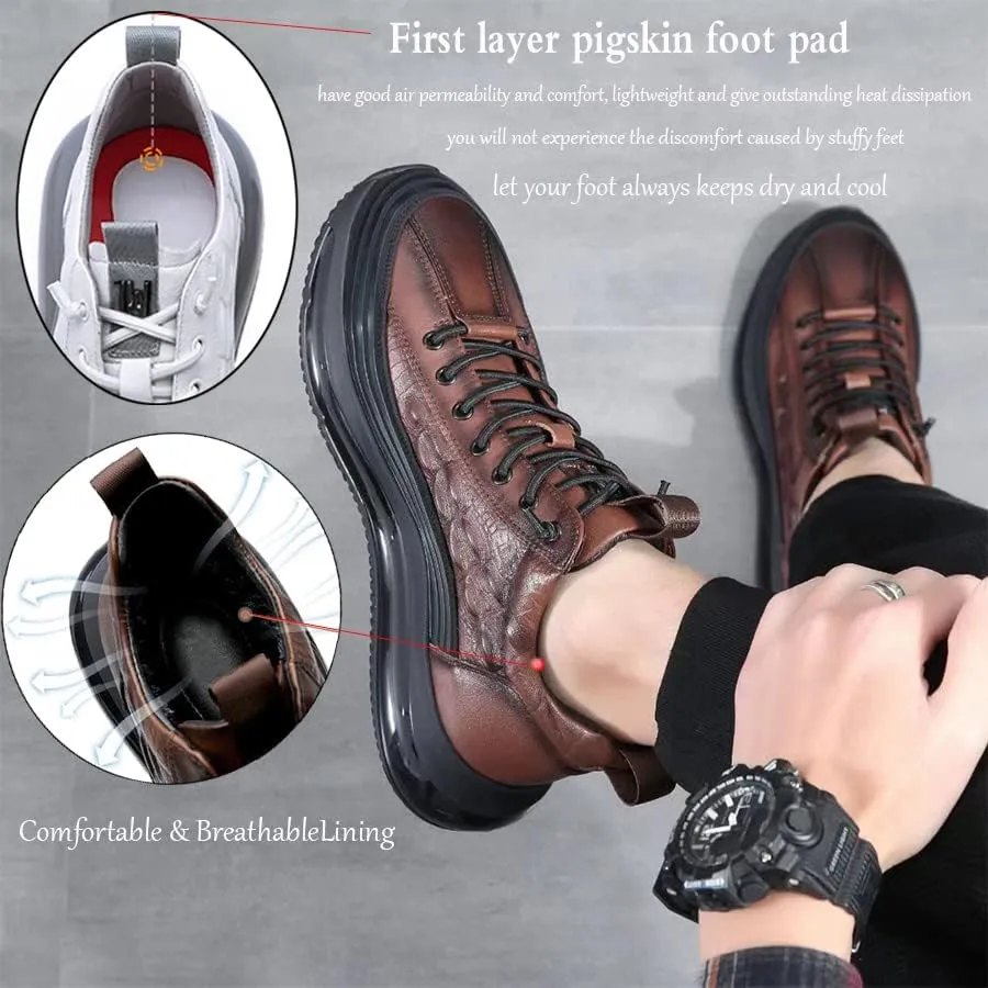 Men's Cowhide Animal Print Sneakers Air Cushion Elastic High-Top Soft Leather Height Lifting Non-Slip Lace Up Casual Shoes