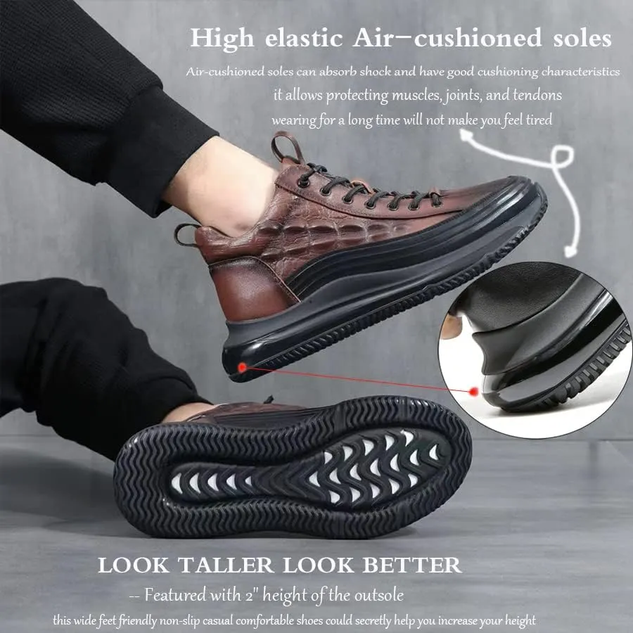 Men's Cowhide Animal Print Sneakers Air Cushion Elastic High-Top Soft Leather Height Lifting Non-Slip Lace Up Casual Shoes