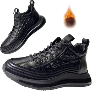 Men's Cowhide Animal Print Sneakers Air Cushion Elastic High-Top Soft Leather Height Lifting Non-Slip Lace Up Casual Shoes