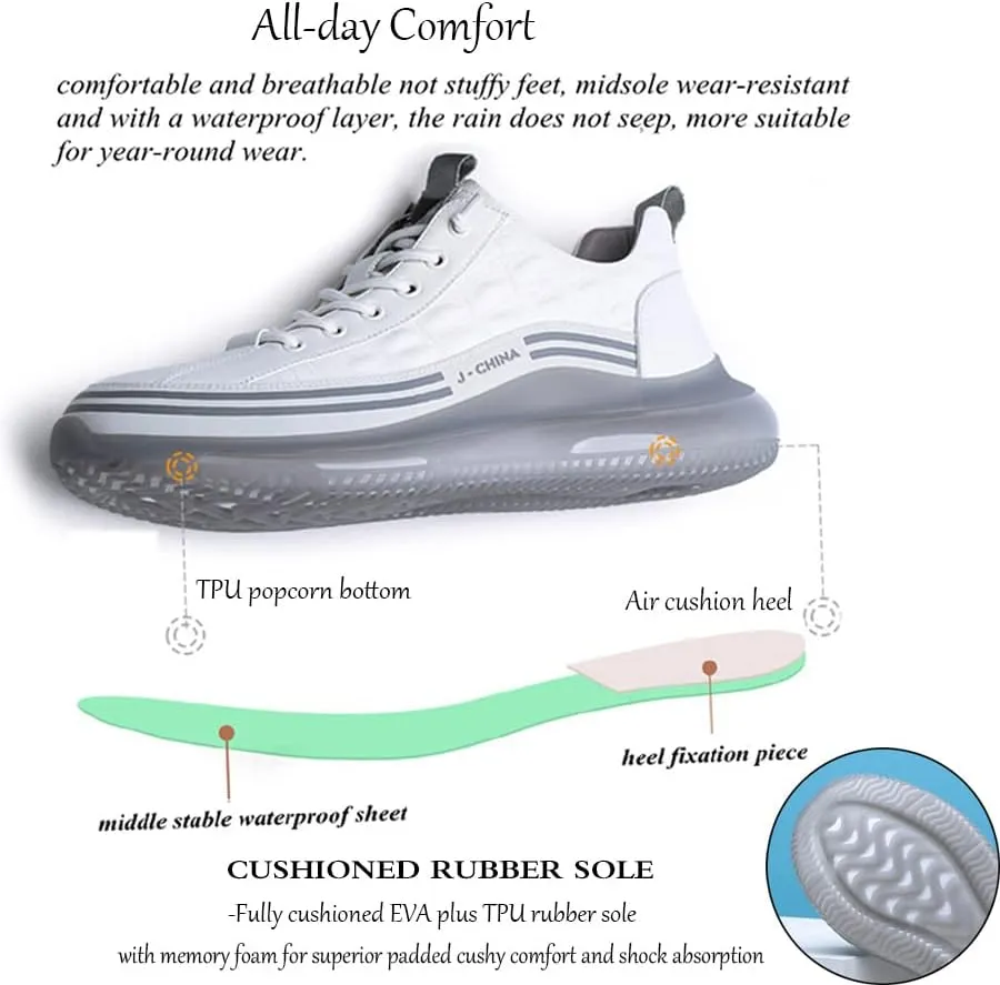 Men's Cowhide Animal Print Sneakers Air Cushion Elastic High-Top Soft Leather Height Lifting Non-Slip Lace Up Casual Shoes