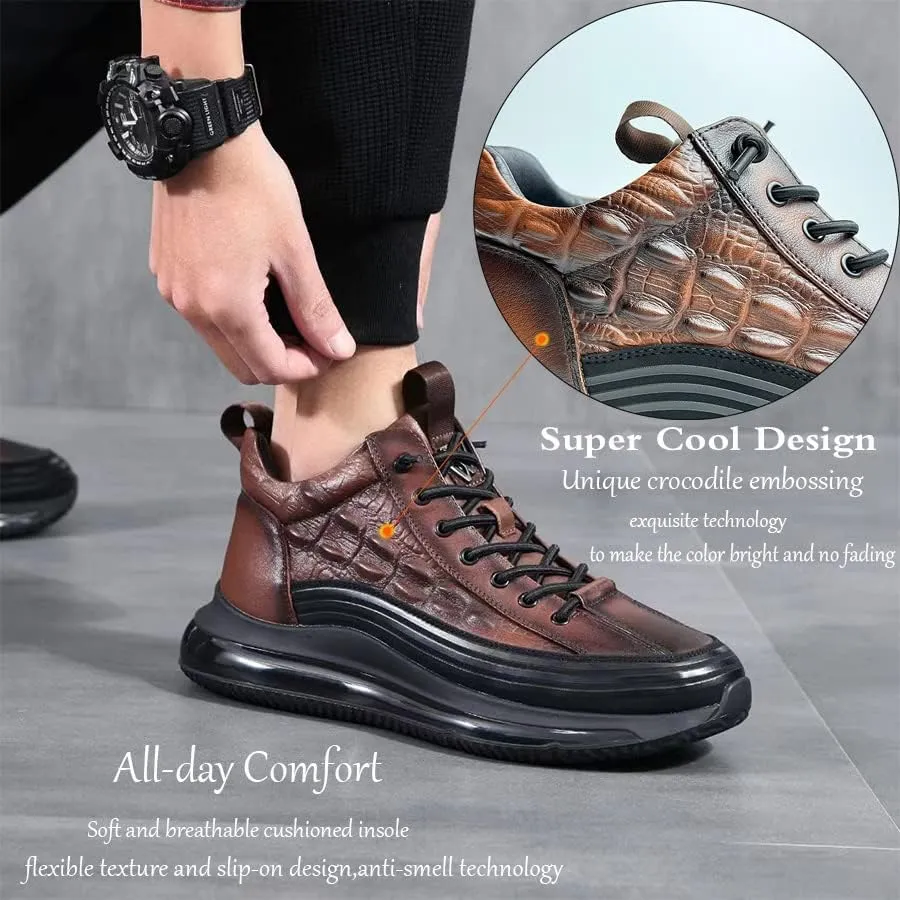 Men's Cowhide Animal Print Sneakers Air Cushion Elastic High-Top Soft Leather Height Lifting Non-Slip Lace Up Casual Shoes