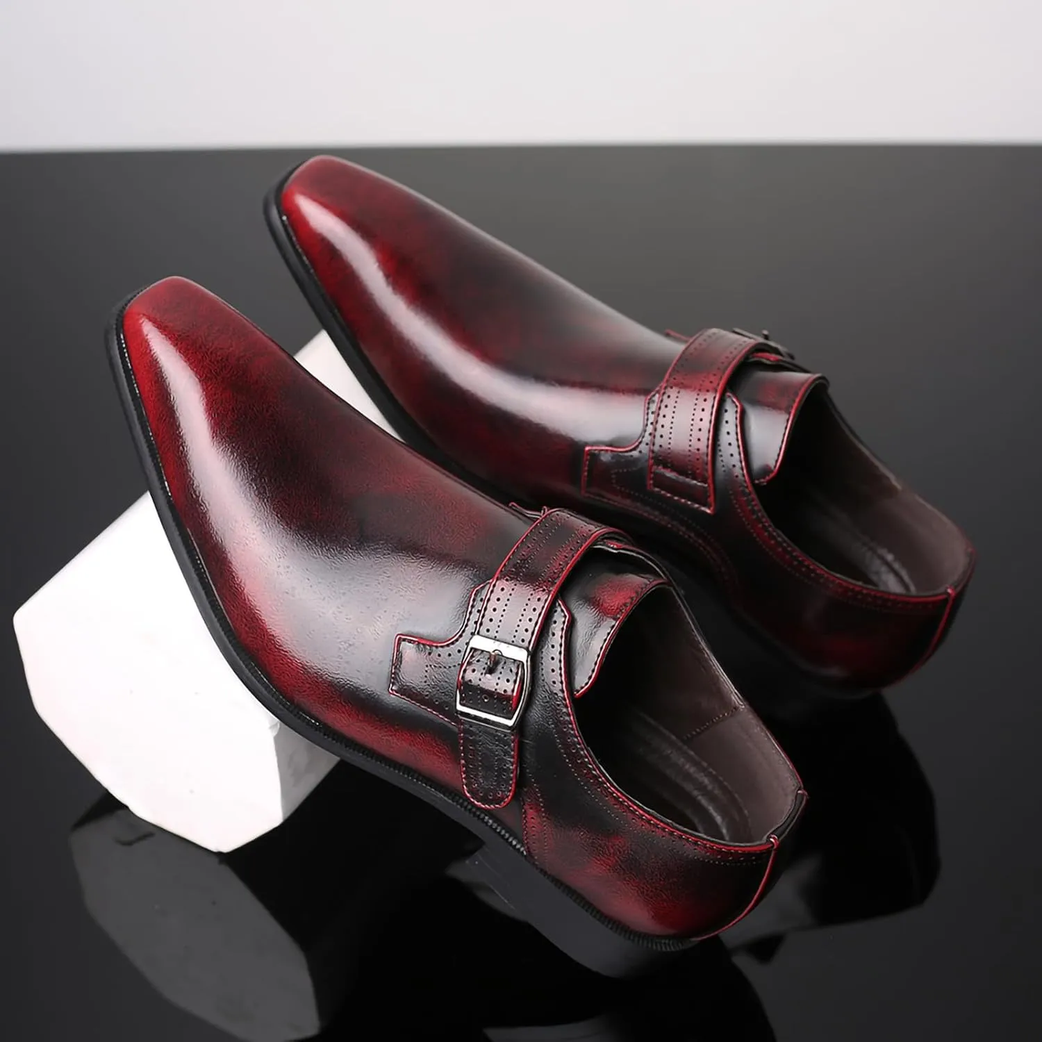 Men's Dress Cap Toe Shoes Monk Slip On Loafers Stylish and Comfort Patent PU Leather Business Low Casual Urban Commuting Shoes