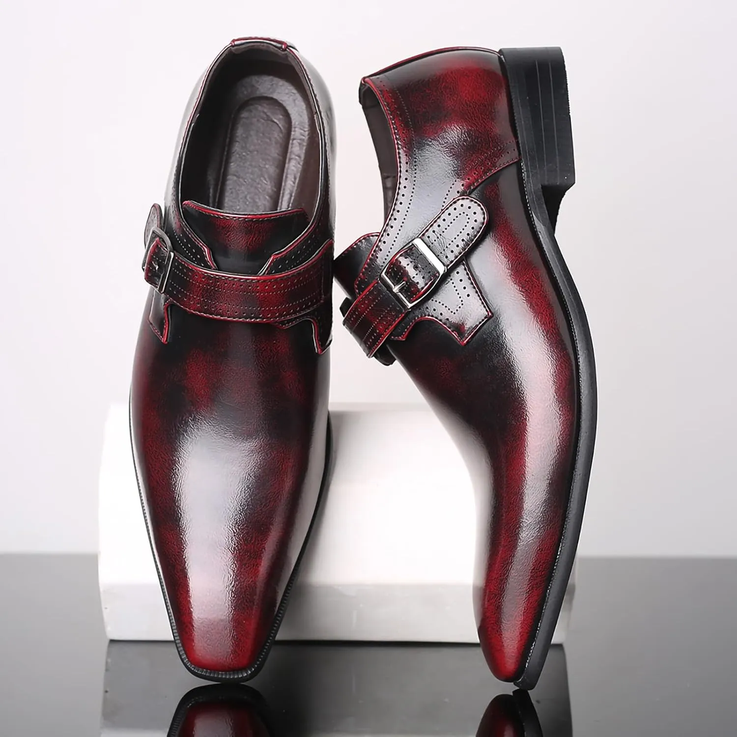 Men's Dress Cap Toe Shoes Monk Slip On Loafers Stylish and Comfort Patent PU Leather Business Low Casual Urban Commuting Shoes