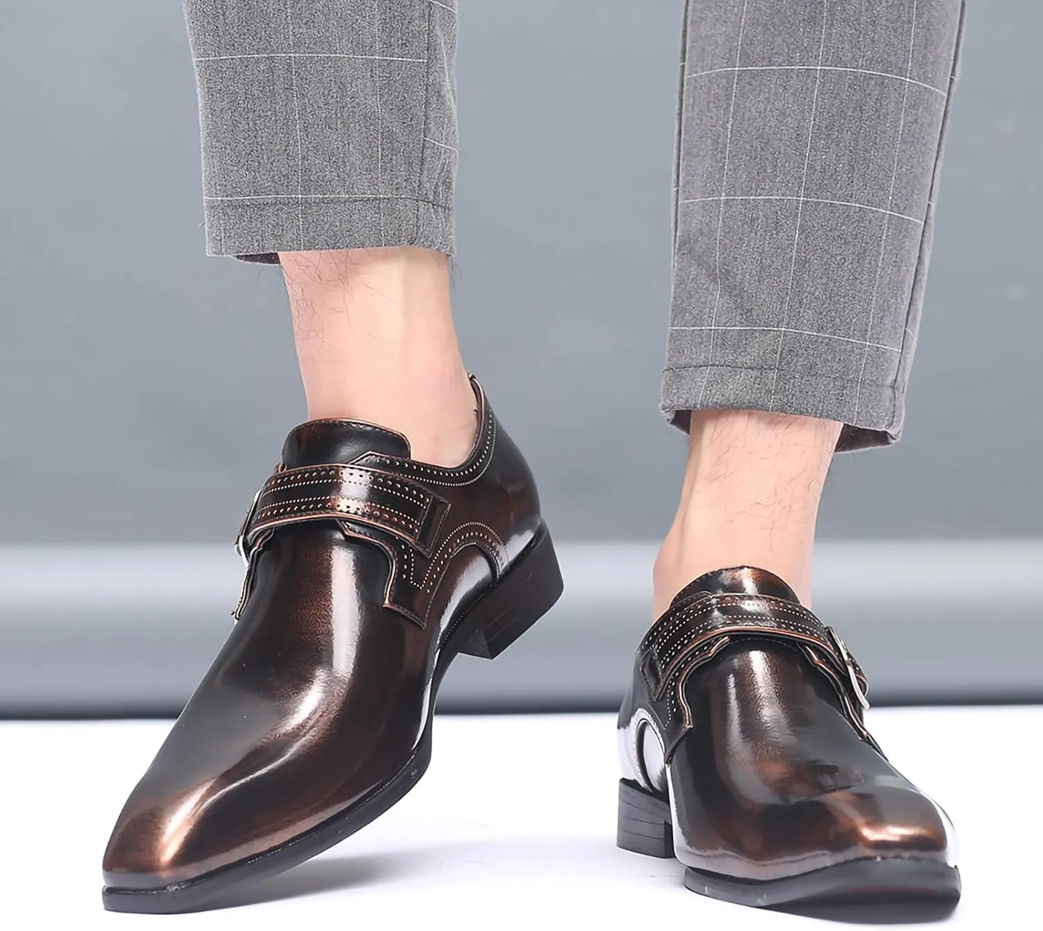 Men's Dress Cap Toe Shoes Monk Slip On Loafers Stylish and Comfort Patent PU Leather Business Low Casual Urban Commuting Shoes