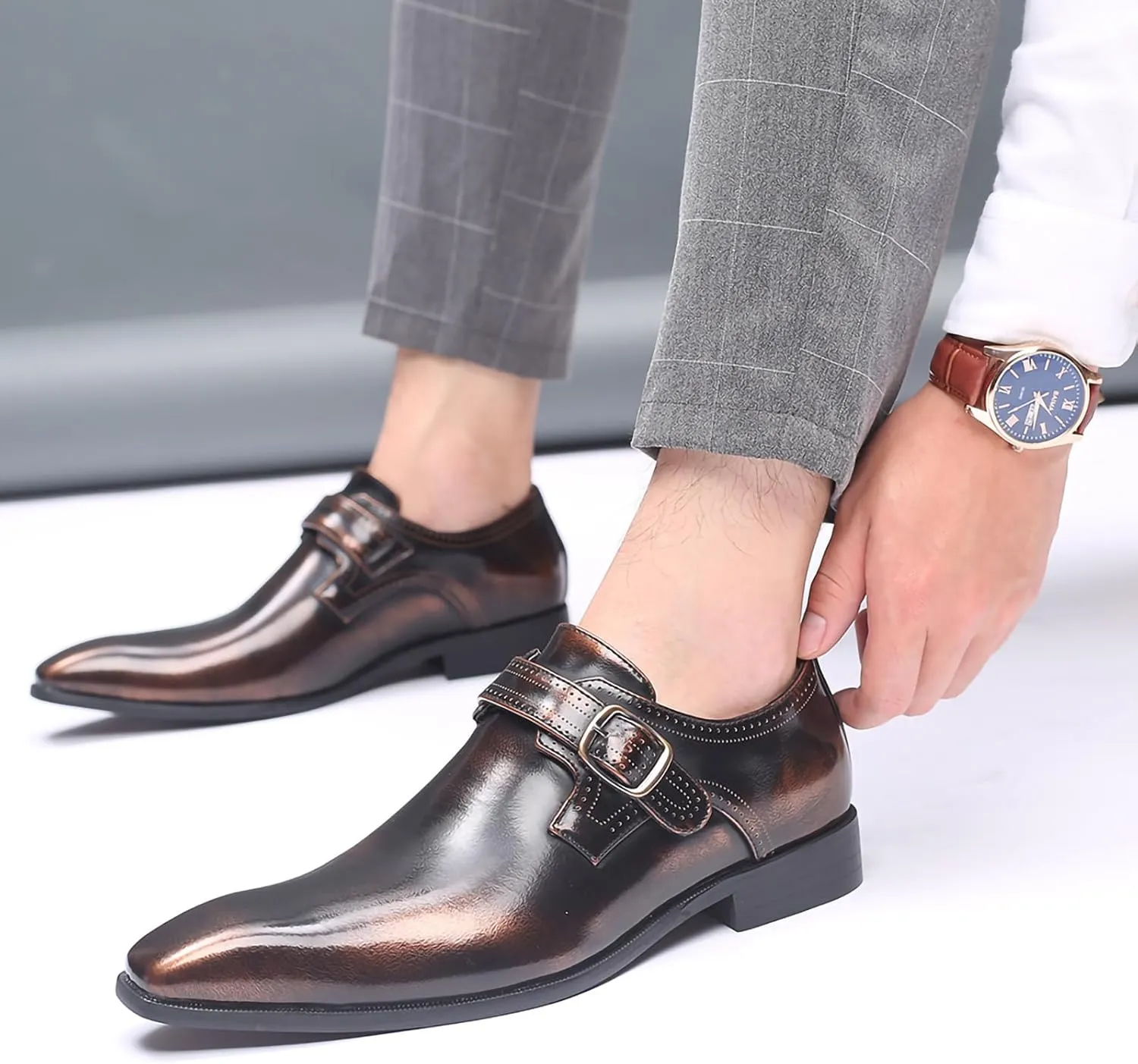 Men's Dress Cap Toe Shoes Monk Slip On Loafers Stylish and Comfort Patent PU Leather Business Low Casual Urban Commuting Shoes