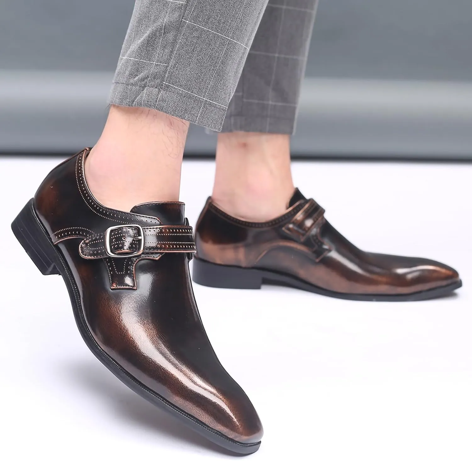 Men's Dress Cap Toe Shoes Monk Slip On Loafers Stylish and Comfort Patent PU Leather Business Low Casual Urban Commuting Shoes