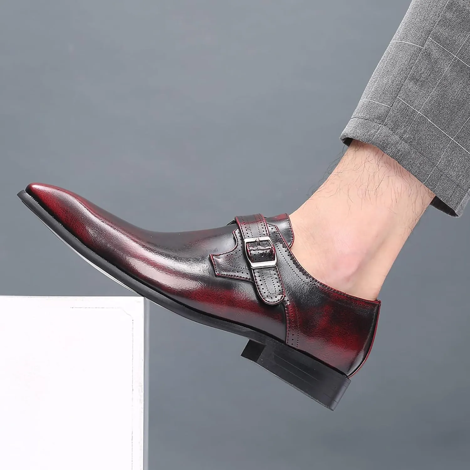Men's Dress Cap Toe Shoes Monk Slip On Loafers Stylish and Comfort Patent PU Leather Business Low Casual Urban Commuting Shoes