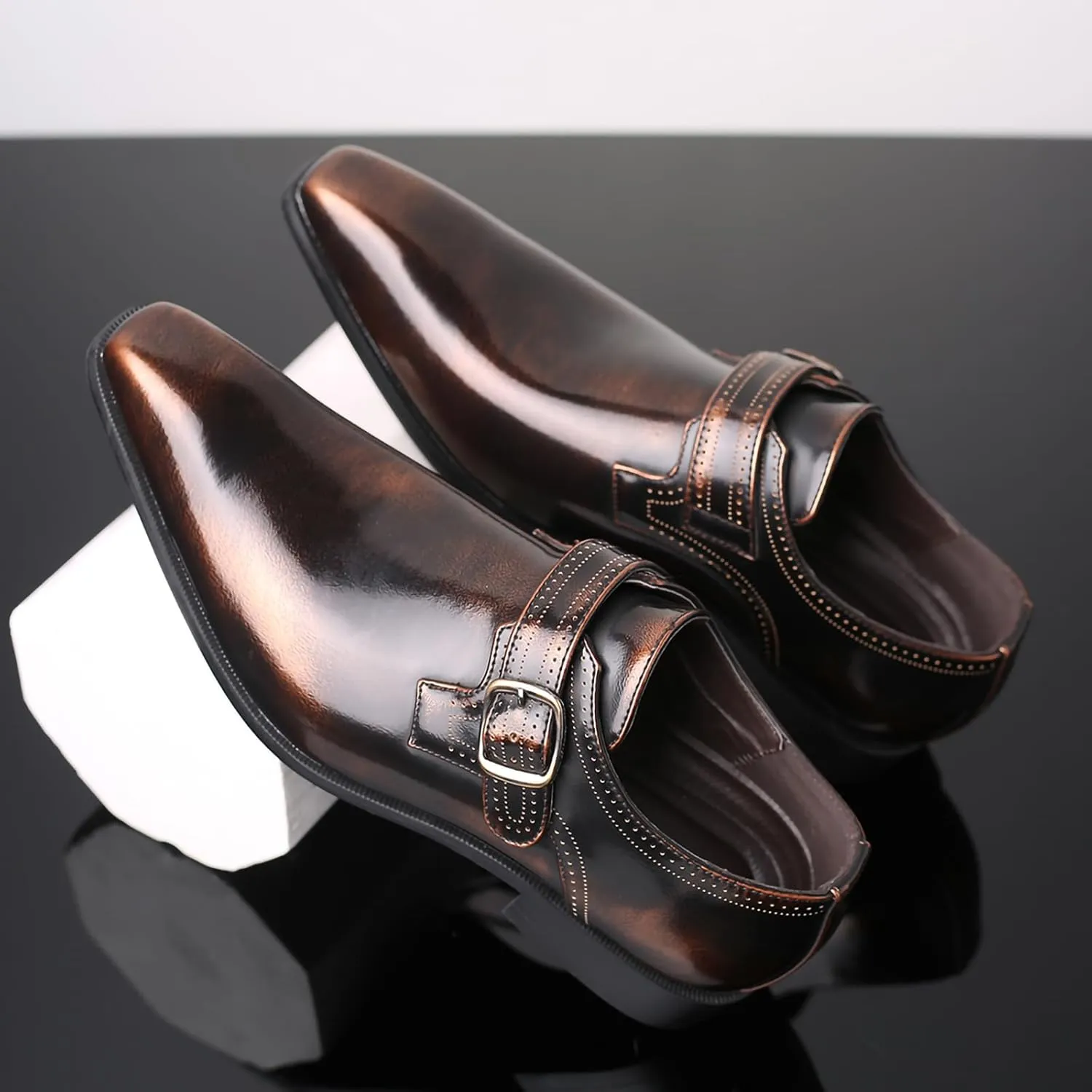 Men's Dress Cap Toe Shoes Monk Slip On Loafers Stylish and Comfort Patent PU Leather Business Low Casual Urban Commuting Shoes