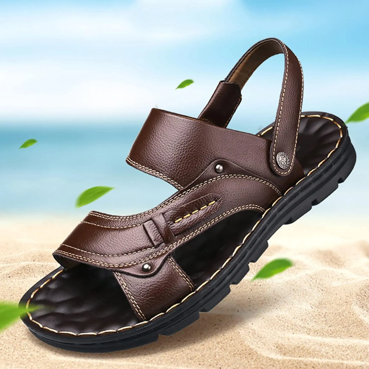Mens Flat Slide Sandals Casual Slip On Beach Open Toe Sandals with Adjustable Dual Use Ankle Strap for Summer