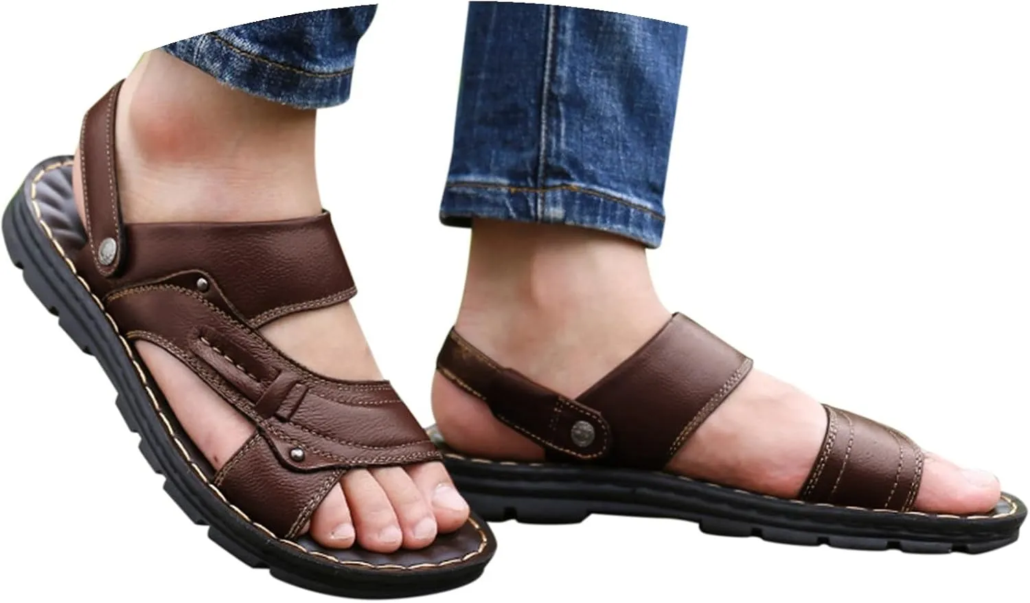 Mens Flat Slide Sandals Casual Slip On Beach Open Toe Sandals with Adjustable Dual Use Ankle Strap for Summer