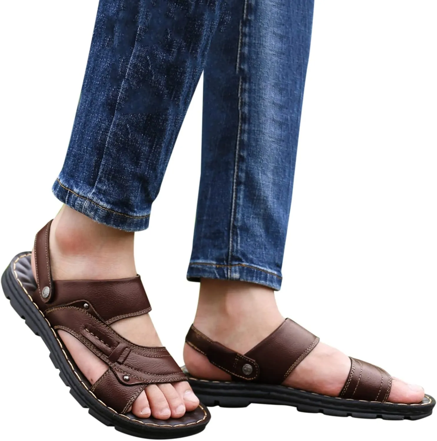Mens Flat Slide Sandals Casual Slip On Beach Open Toe Sandals with Adjustable Dual Use Ankle Strap for Summer