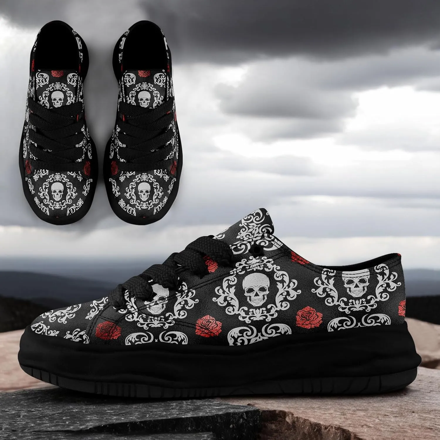 Men's Gothic Skull Fashion Sneakers Casual Skateboarding Canvas Shoes for Women Streetwear Trendy Comfort Walking Shoes