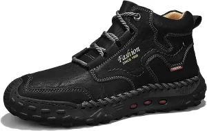 Men's Leather Handmade Platform Hiking Shoes Retro Round Toe Lace-Up Non-Slip Leisure Loafers for Outdoor Hiking Working
