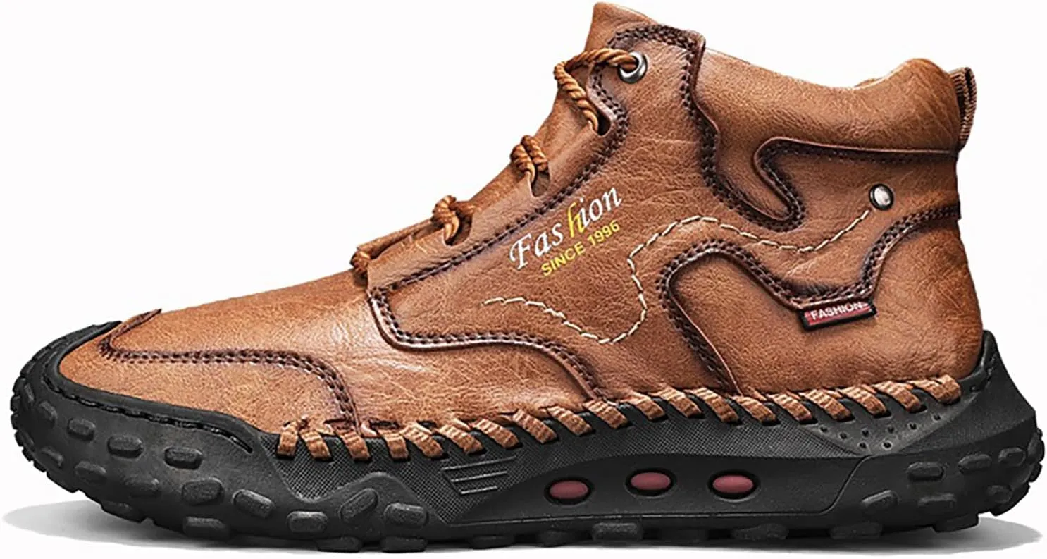 Men's Leather Handmade Platform Hiking Shoes Retro Round Toe Lace-Up Non-Slip Leisure Loafers for Outdoor Hiking Working