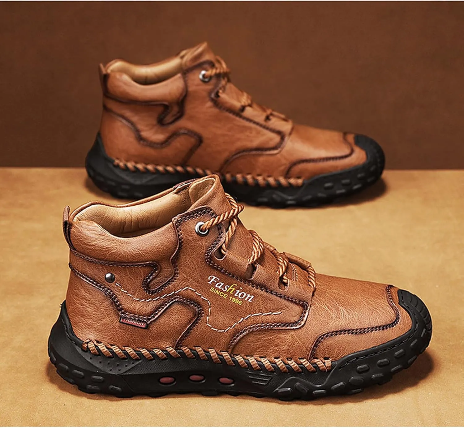 Men's Leather Handmade Platform Hiking Shoes Retro Round Toe Lace-Up Non-Slip Leisure Loafers for Outdoor Hiking Working