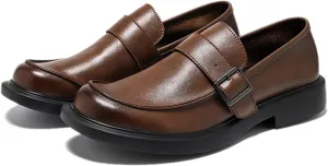 Men's Leather Slip on Monk Buckle Penny Loafers Classic Retro Leather Comfort Low Top Block Heel Non-Slip Casual Dress Business Slip Ons for Office Driving Work Walkig
