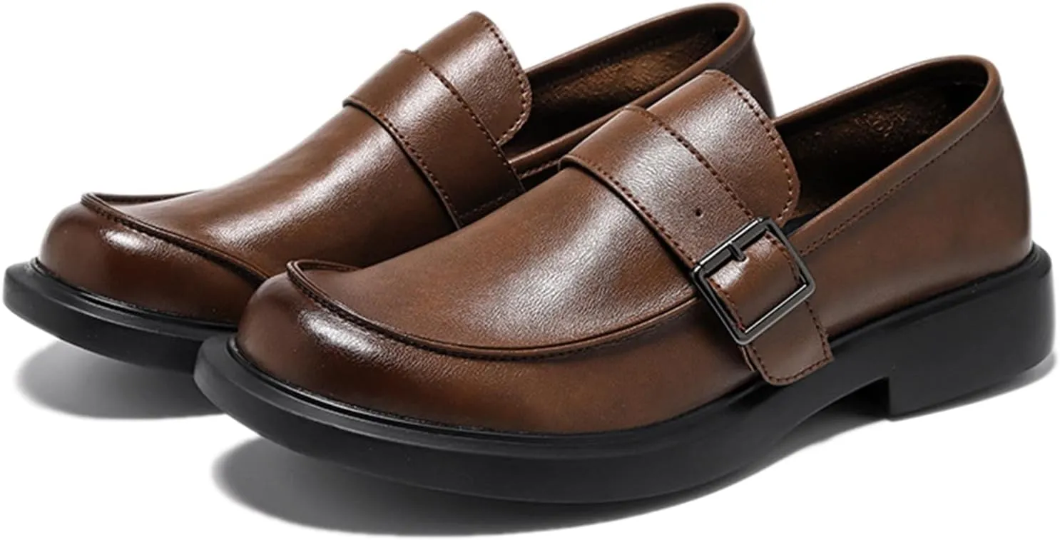Men's Leather Slip on Monk Buckle Penny Loafers Classic Retro Leather Comfort Low Top Block Heel Non-Slip Casual Dress Business Slip Ons for Office Driving Work Walkig