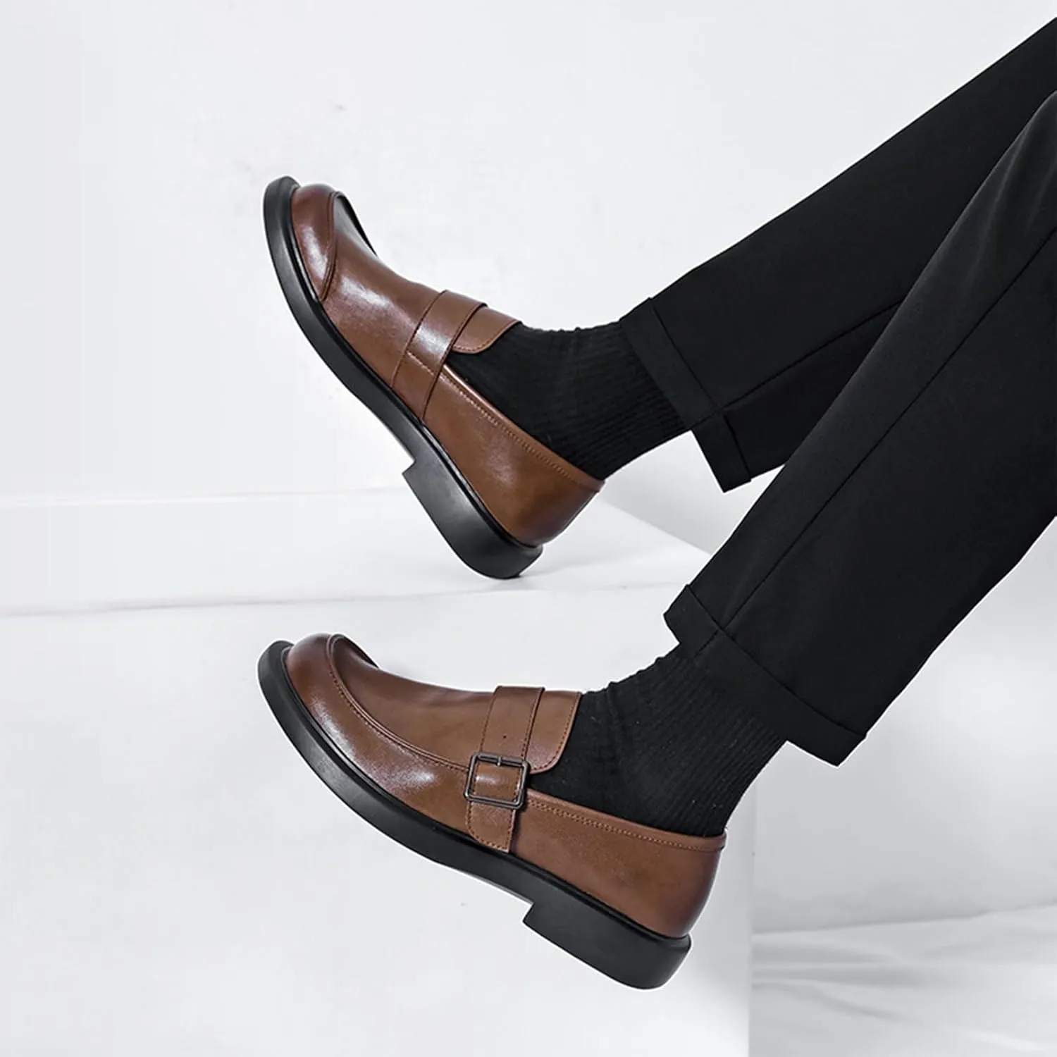 Men's Leather Slip on Monk Buckle Penny Loafers Classic Retro Leather Comfort Low Top Block Heel Non-Slip Casual Dress Business Slip Ons for Office Driving Work Walkig