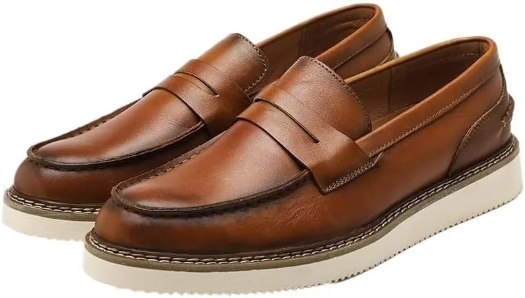 Men's Loafers Breathable Lining Business Shoes Round Toe Thick Sole Retro Men Low Height Oxford Casual Shoes Lightweight Comfortable Walking Shoes