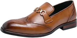 Men's Oxford Formal Shoes, Slip-On Pointed Toe Leather Loafers, Low Top Non-Slip Block Heel Outdoor Dress Shoes