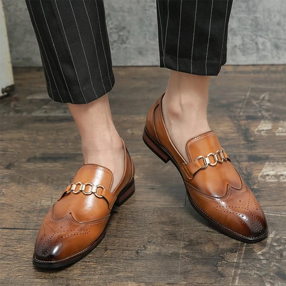 Men's Oxford Formal Shoes, Slip-On Pointed Toe Leather Loafers, Low Top Non-Slip Block Heel Outdoor Dress Shoes