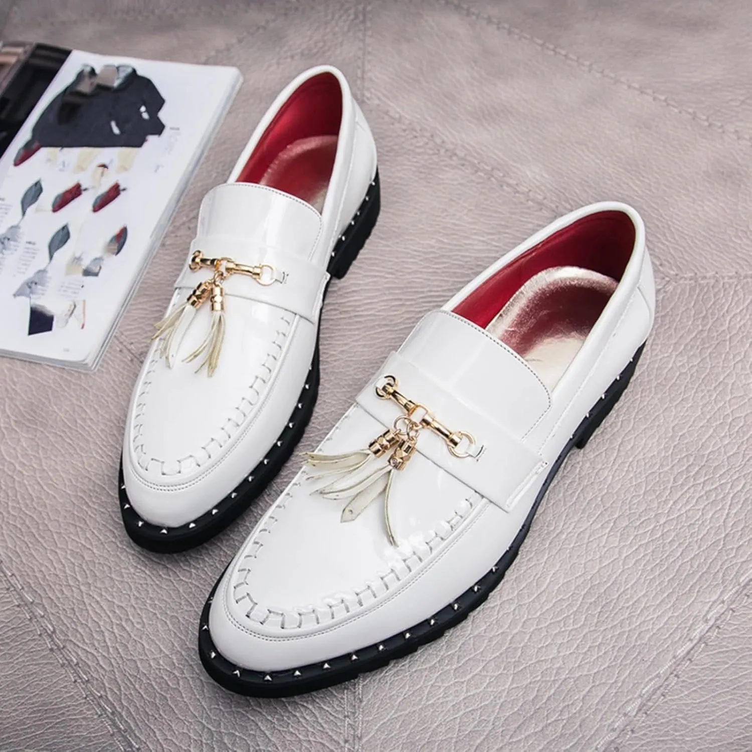Men's Patent Leather Tassels Slip-On Loafers Classic Flats Smoking Loafers for Business Casual Dress Prom Formal Church Wedding Shoes