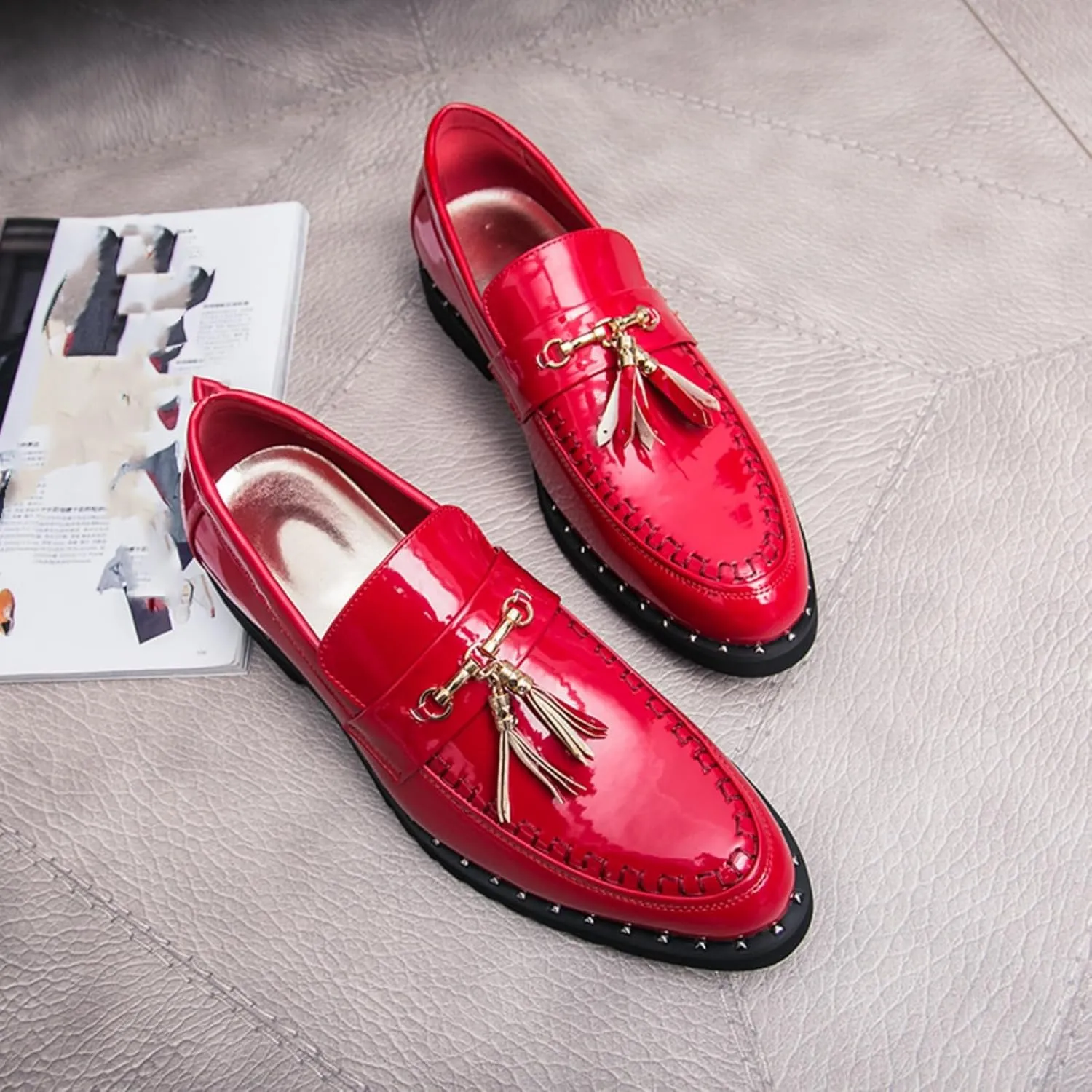 Men's Patent Leather Tassels Slip-On Loafers Classic Flats Smoking Loafers for Business Casual Dress Prom Formal Church Wedding Shoes