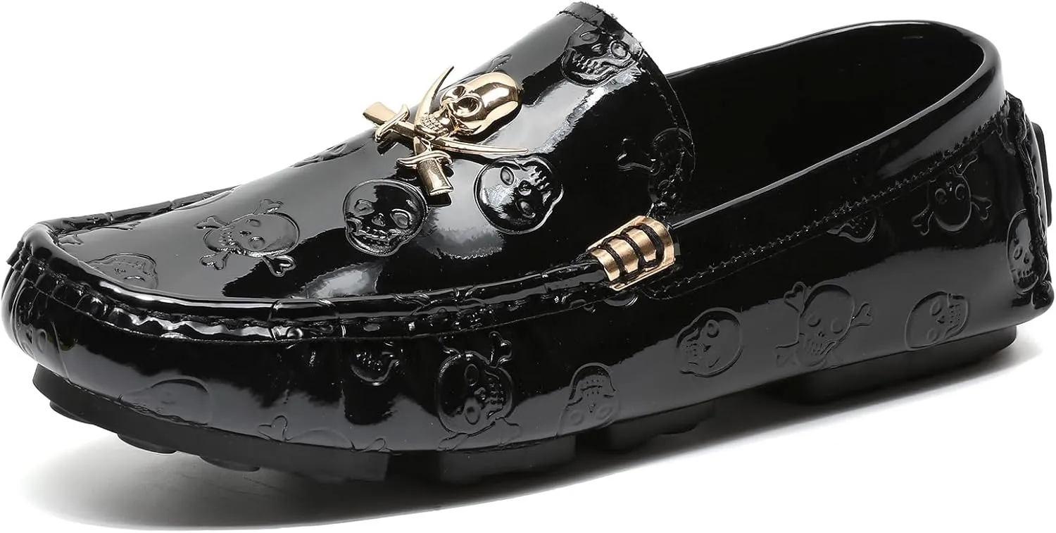Men's Penny Loafers Patent Leather Skull Pattern Loafers Slip-On Driving Moccasins with Gold Skull Buckle Accent Boat Casual Dress Shoes