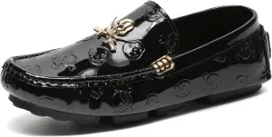 Men's Penny Loafers Patent Leather Skull Pattern Loafers Slip-On Driving Moccasins with Gold Skull Buckle Accent Boat Casual Dress Shoes