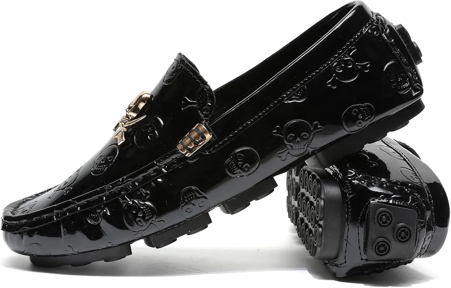 Men's Penny Loafers Patent Leather Skull Pattern Loafers Slip-On Driving Moccasins with Gold Skull Buckle Accent Boat Casual Dress Shoes