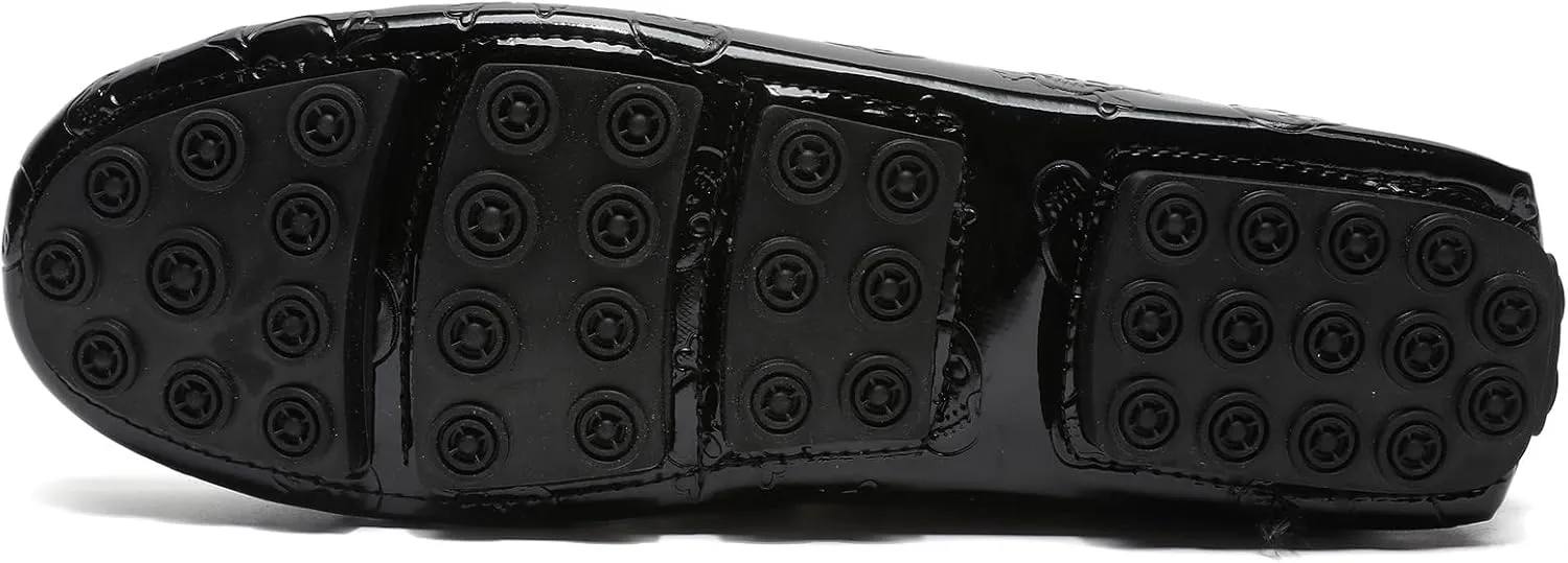 Men's Penny Loafers Patent Leather Skull Pattern Loafers Slip-On Driving Moccasins with Gold Skull Buckle Accent Boat Casual Dress Shoes