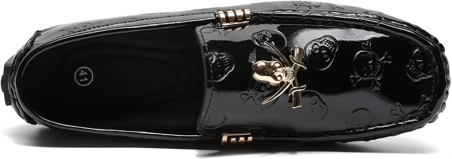 Men's Penny Loafers Patent Leather Skull Pattern Loafers Slip-On Driving Moccasins with Gold Skull Buckle Accent Boat Casual Dress Shoes