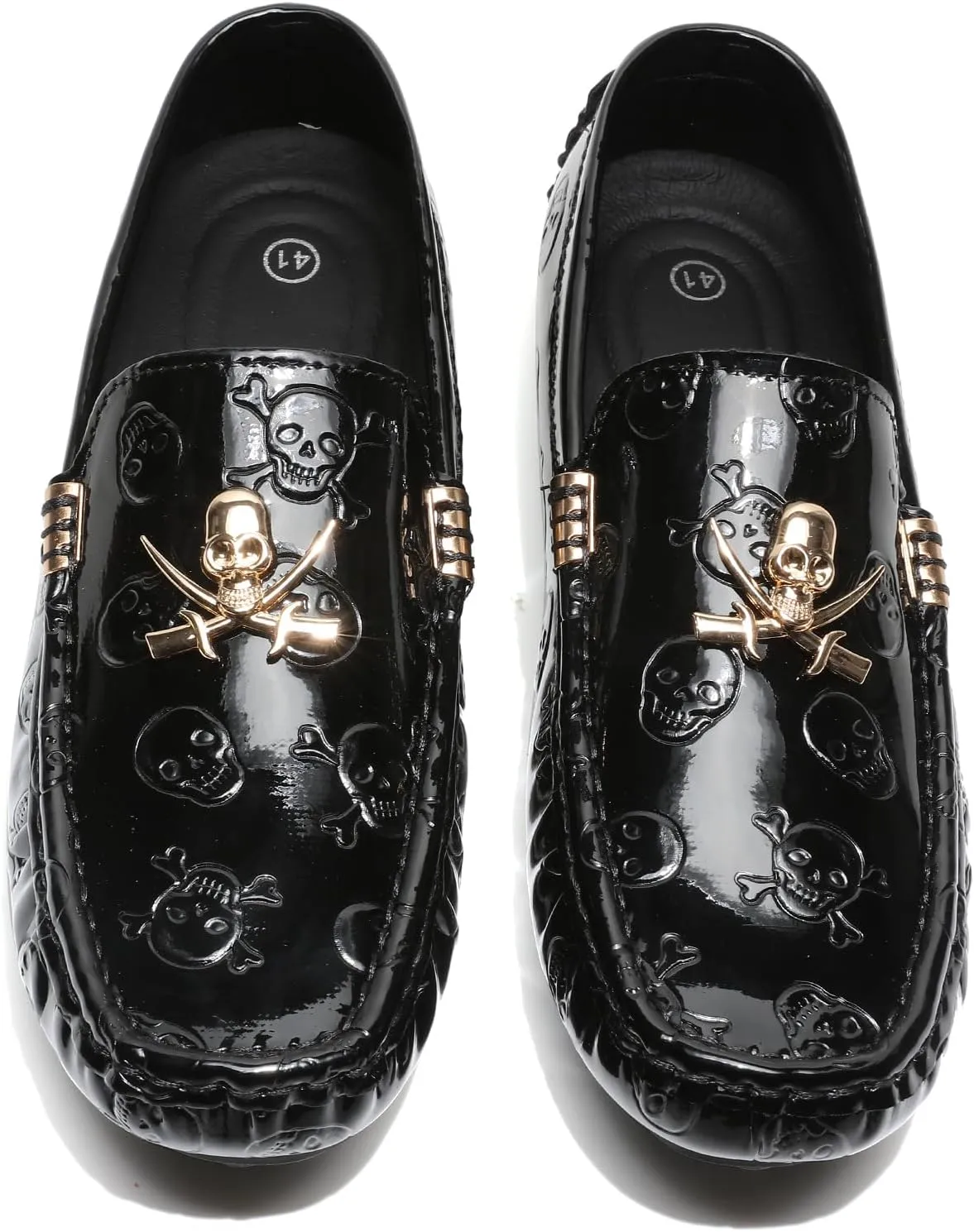 Men's Penny Loafers Patent Leather Skull Pattern Loafers Slip-On Driving Moccasins with Gold Skull Buckle Accent Boat Casual Dress Shoes