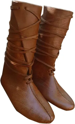 Mens Renaissance Medieval Cosplay Halloween Boots Faux Leather Mid Calf Lace Up Vintage Stage Pirate Viking Tied Shoes