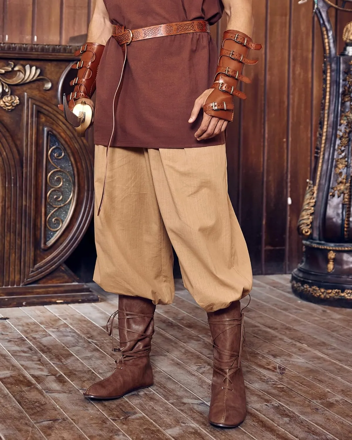 Mens Renaissance Medieval Cosplay Halloween Boots Faux Leather Mid Calf Lace Up Vintage Stage Pirate Viking Tied Shoes