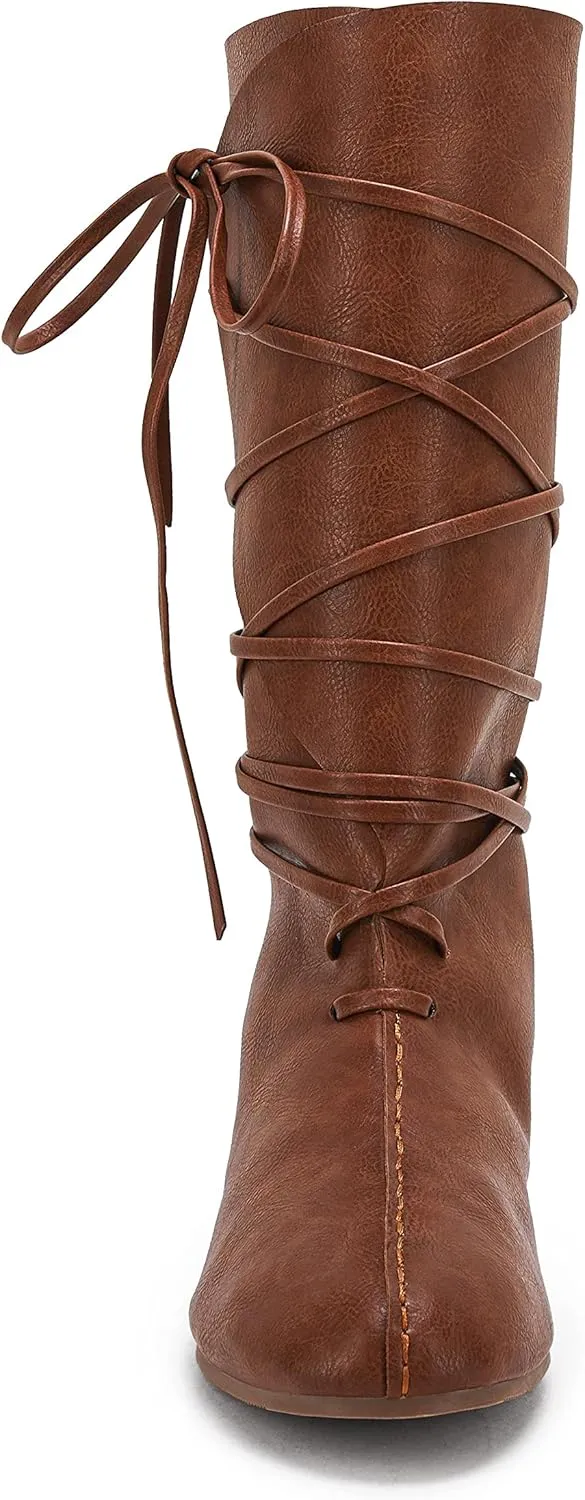 Mens Renaissance Medieval Cosplay Halloween Boots Faux Leather Mid Calf Lace Up Vintage Stage Pirate Viking Tied Shoes