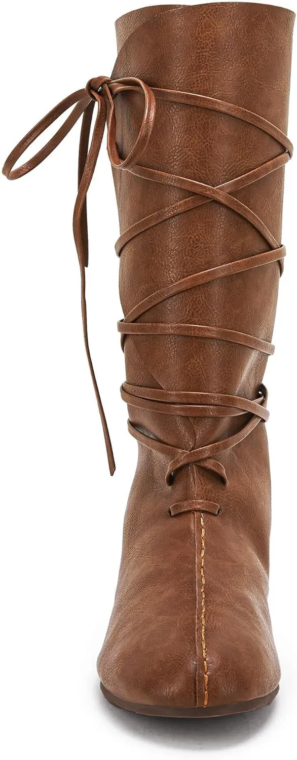 Mens Renaissance Medieval Cosplay Halloween Boots Faux Leather Mid Calf Lace Up Vintage Stage Pirate Viking Tied Shoes