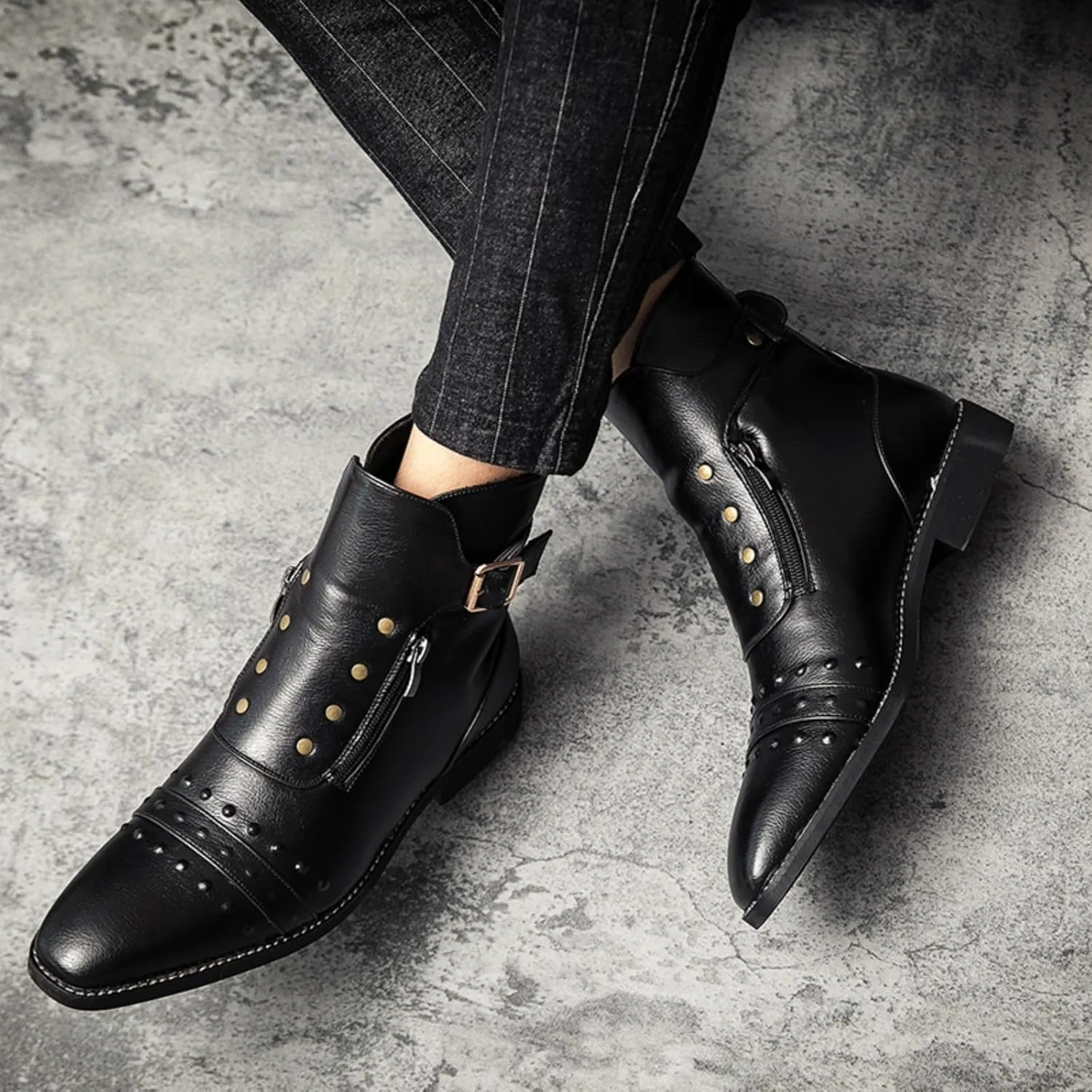 Mens Retro Leather Buckle Chukka Ankle Boots with Side Zipper Pointed Toe Non-Slip Low Heels Casual Shoes for Business Casual Dress Prom Party